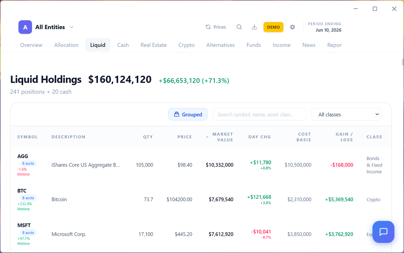 Holdings detail view in Wealth App